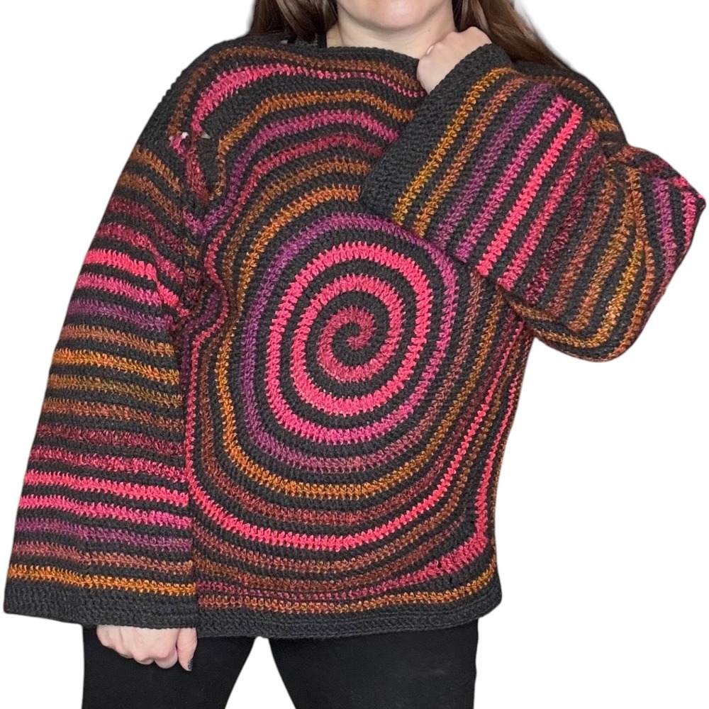 Handmade Multicolor Spiral Crochet Sweater Women L Reversible Boho Bell Sleeve